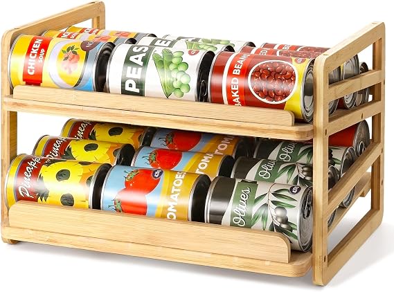 Yumkfoi Rolling Bamboo Can Organizer Rack, Stackable Can Storage
