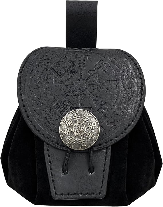 HiiFeuer Medieval Embossed Faux Leather Belt Pouch, Retro Renaissance Portable Belt Bag Coin Purse Dice Bag for LARP Ren Faire (Black A)