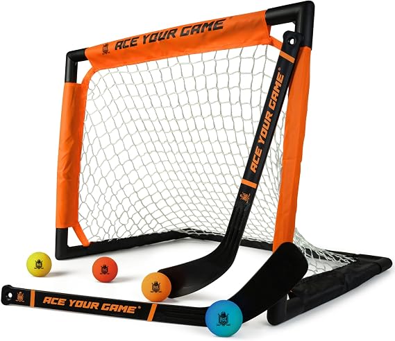 ACE HOCKEY - Shinny Hockey Set - Complete 2-Player Indoor/Outdoor Kit - Knee Hockey Goal Set (1) Goal, (2) Mini Sticks, and (4) Foam Balls - Mini Hockey Set
