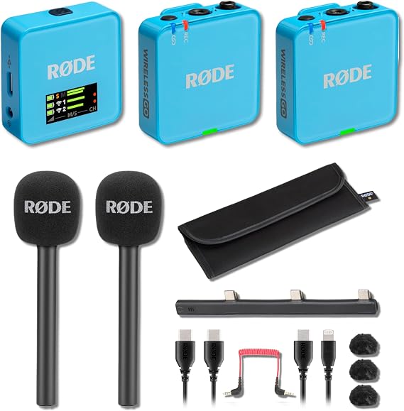 Rode Wireless GO (Gen 3) Blue Wireless Microphone Bundle with 2X Interview GO Black Handheld Adaptors 32-Bit Float Wireless Mic Kit for Interviews, Reporting, Event Coverage, Two-Host Podcasting