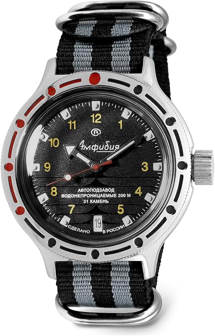 VOSTOK | Classic Amphibian Automatic Self-Winding Russian Diver Wrist Watch | WR 200 m | Fashion | Business | Casual Men's Watches | Model 420270 Black-Gray Strap