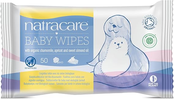 Natracare Organic Cotton Baby Wipes With Essential Oils of Chamomile, Apricot and Sweet Almond Oil (1 Pack, 50 Wipes Total)