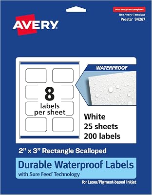 Avery Printable Durable White Rectangle Scalloped Labels, Sure Feed Technology, 2 x 3, Print-to-The-Edge, Waterproof Labels, Laser & Pigment-Based Inkjet Compatible, 200 Total