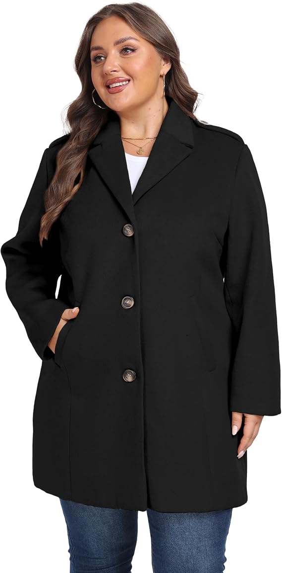 wantdo Women's Wool Coat Plus Size Single-Breasted Peacoat Womens Coat | Oversized Wool Coats for Fall,Winter,Spring,Pea Coats for Travel,Work,Business,Casual,Knee-length Trench,Elegant Dress Coat