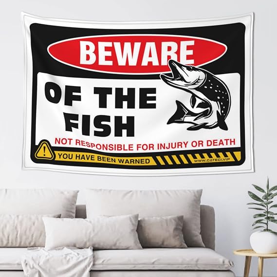 Outdoor Bar Accessories Decor Beware Of Fish Tapestry Dorm Art Bedroom Wall Decor Above Bed(100X150CM)