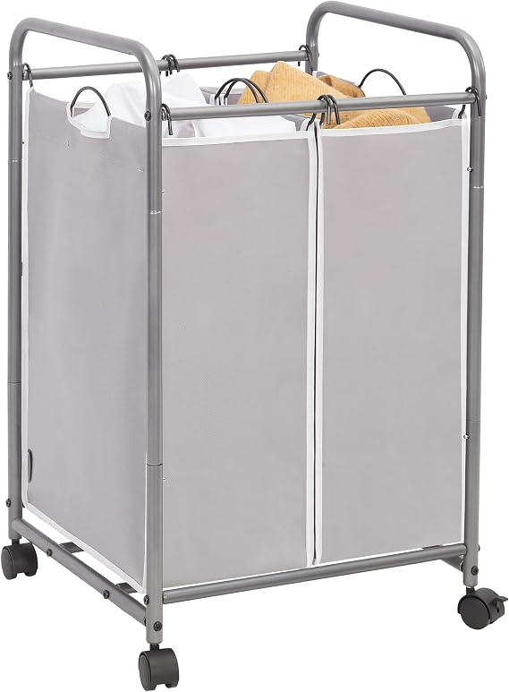 STORAGE MANIAC 2 Section Laundry Sorter, Laundry Hamper with Wheels, Gray