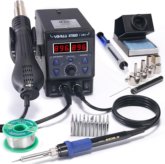 YIHUA 8786D I 2 in 1 Hot Air Rework and Soldering Iron Station with 10 Solder Iron Tips, 4 Hot Air Nozzles, F /C, Cool/Hot Air Conversion and Sleep Function