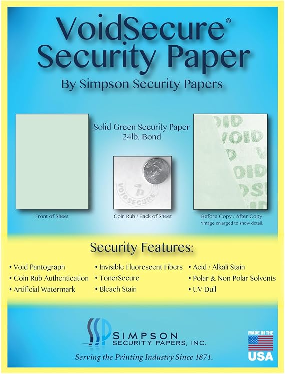 8.5 x 11 Simpson Security Papers VoidSecure Solid Green 24# Security Paper, 500 Sheets