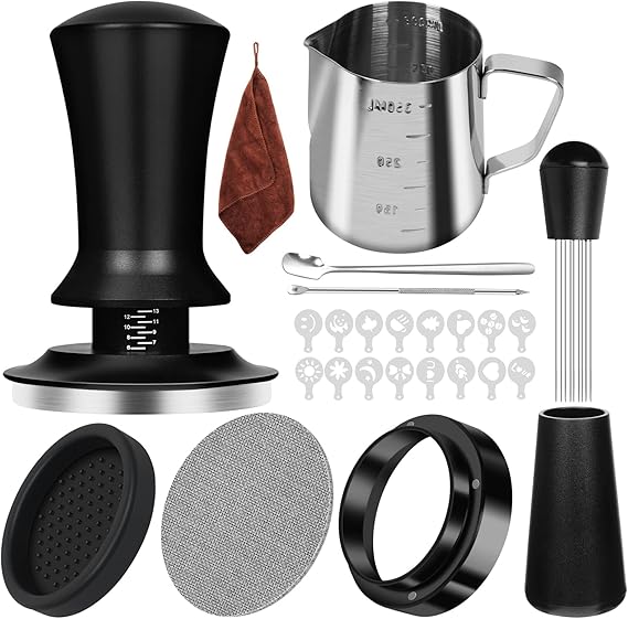 25 PCS Espresso Accessories Kit, 58mm Espresso Tamper Kit Coffee Tamper Set | Espresso Tamper with Spring Loaded Calibrated, Espresso Puck Screen, Dosing Funnel, WDT Tool, Milk Jug,Latte Art Kit
