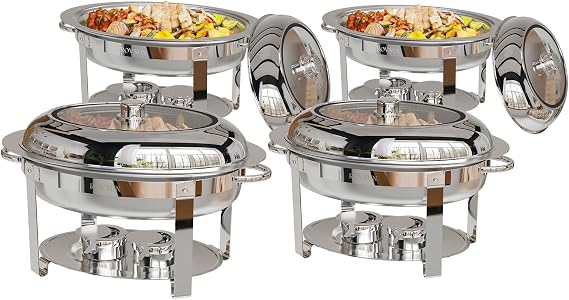 ROVSUN 4 Pack Oval Chafing Dish for Buffet, 6QT Stainless Steel Chafing Dish Buffet Set with Glass Lid, Chafers and Buffet Warmers Sets for Party, Catering, Wedding, Banquet, Graduation