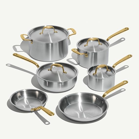 Made In Cookware - 10 Piece Stainless Steel Pot and Pan Set (Antique Brass) - 5 Ply Clad - Includes Stainless Steel Frying Pans, Saucepans, Saucier and Stock Pot W/Lid - Crafted in Italy