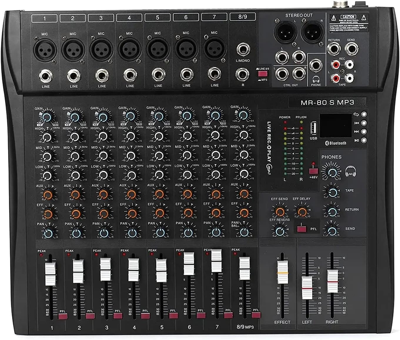 Audio Mixer 9 Channel 3 Band Professional Bluetooth Audio Mixer Console Studio USB DJ Sound Mixing Color: Black, Size: ONE SIZE