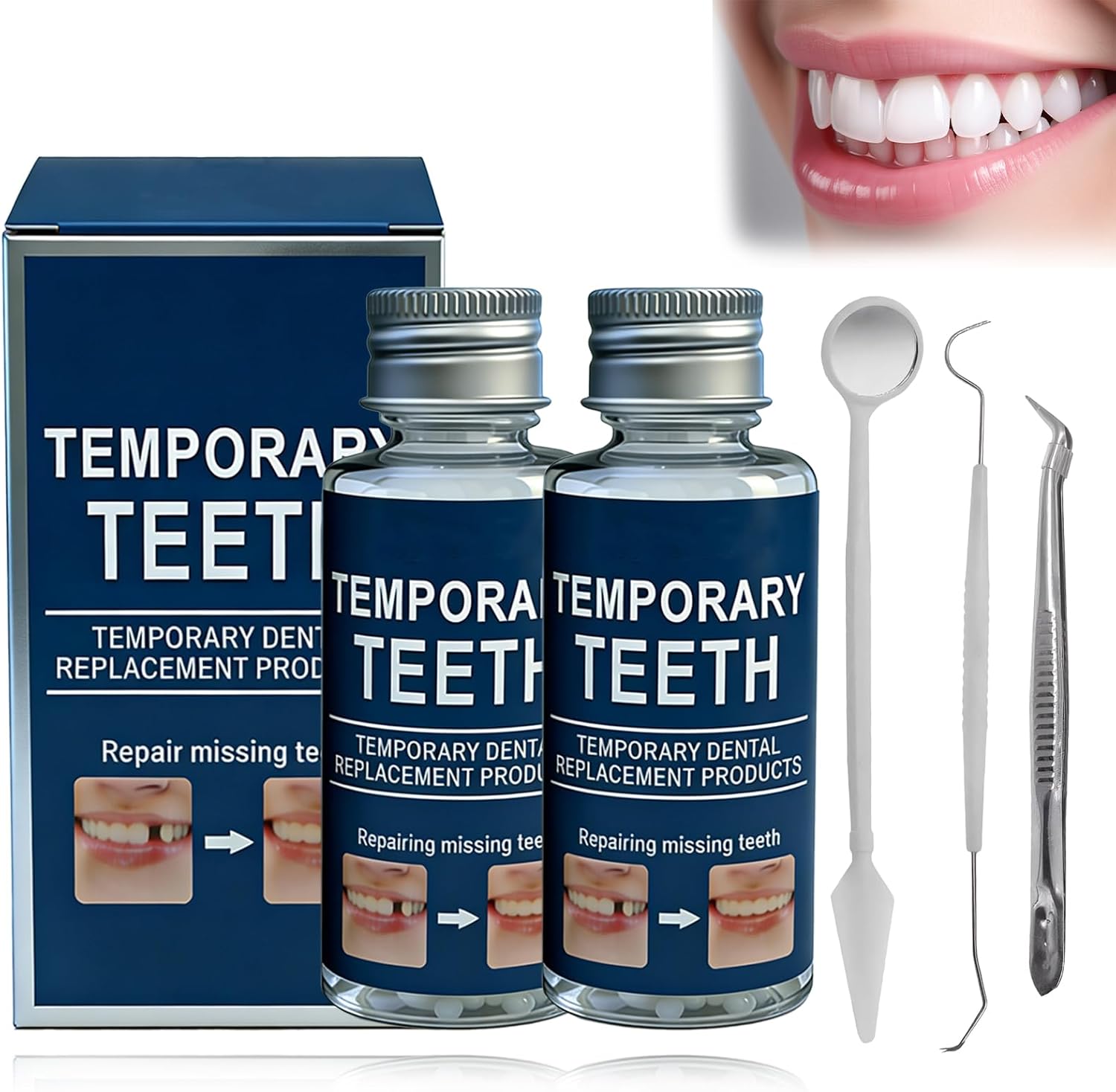 2 Pcs Temporary Tooth Filling Repair Kit with Oral Endoscope Probe Three-Piece Set,Moldable False Teeth Replacement for Temporary Fixing Filling Missing Broken Tooth