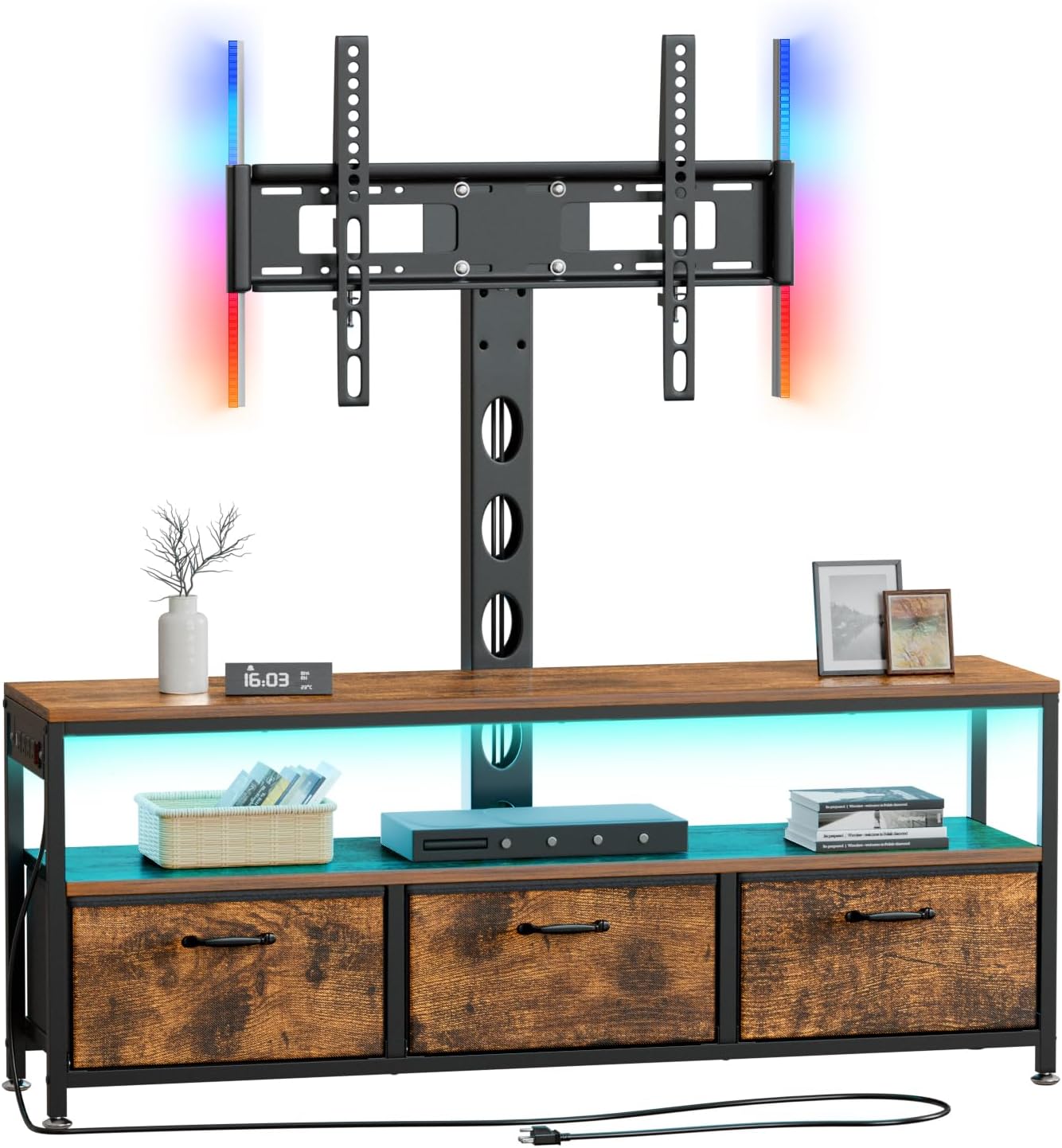 JUSTOGO TV Stand with Mount and Power Outlet, TV Stand Mount with Storage for Living Room, Entertainment Center with LED Lights for 45 55 60 65 inch, Height Adjustable Media Console, Black