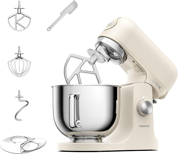 Kenwood kMix Calm Cream - Stand Mixer for Easy Baking, 5L Stainless Steel Bowl, Planetary Mixing, Metal Body, Variable Speed Control, 3-Piece Patisserie Set & Splash Guard, 1000W, Cream (KMX751ACR)