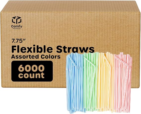 Comfy Package [Case of 6,000] 7.75"High Flexible Plastic Straws, Disposable Drinking Straws - Striped Assorted Colors