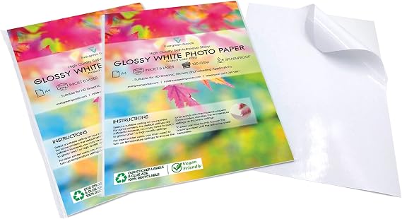 Evergreen Goods 100 A4 Glossy White Photo Sticker Paper Sheets | Printable Self-Adhesive Paper Inkjet & Laser Printers | Splashproof & Durable | Ideal for DIY Crafts, Labels & Scrapbooking
