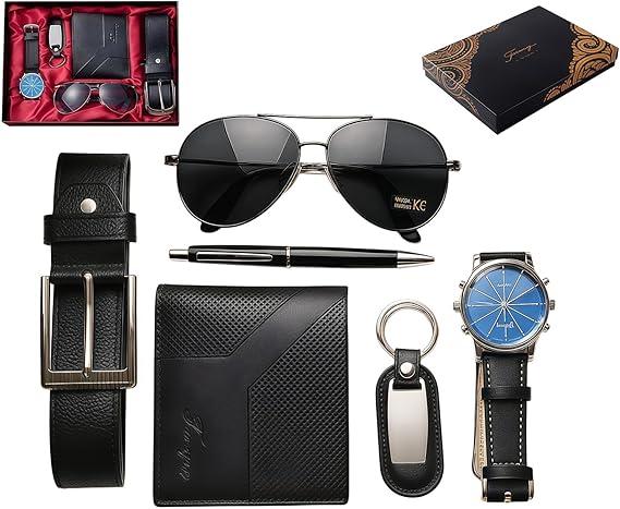 6-piece Brown Men's Set: Sunglasses, Wallet, Watch, Belt, Pen, Key Ring