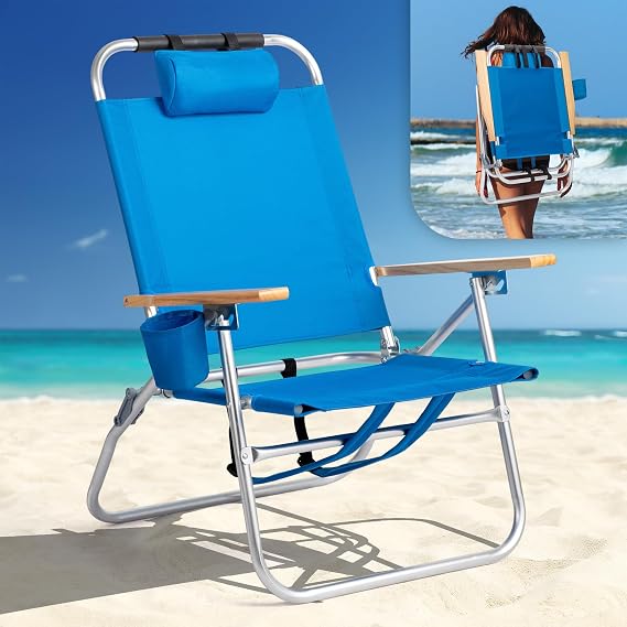 VINGLI Aluminum 13" Backpack Beach Chair Tall Beach Chairs for Adults, Portable with Adjustable Straps, 3-Position Reclining, Cup Holder, High Lightweight Beach Chairs for Beach,Camping, Picnic