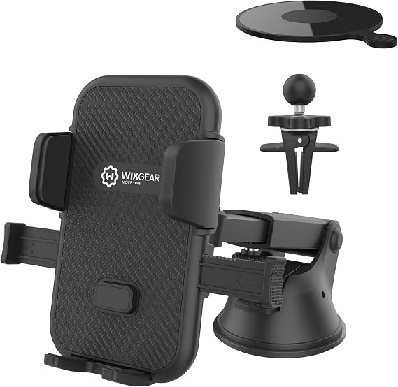 Universal Phone Holder for Car, Windshield Mount and Dashboard Mount Holder for Cell Phones and Tablets with Long Adjustable Arm (Automatic Closing Arms)