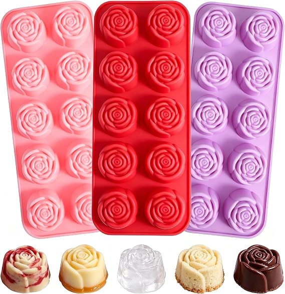 3 Pack Rose Silicone Moulds, 10 Cavity Reusable Baking Mould
