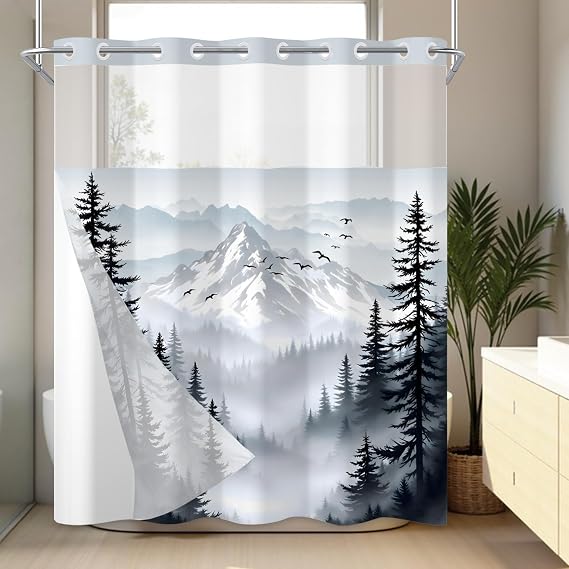 AWERT Forest No Hook Shower Curtain with Snap in Liner Misty Mountain Birds Black Double Layer Shower Curtain for Bathroom Fabric Waterproof Liner 71 Wx74L