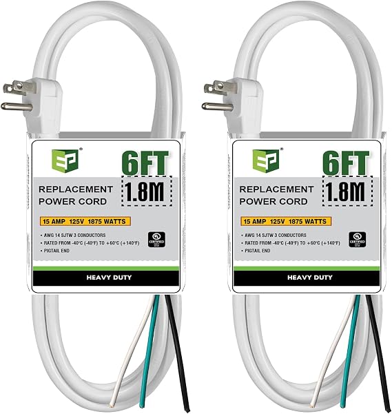 EP 2 Pack 6 Ft Flat Plug 14/3 Appliance and Power Tool Cord, White | 14 Gauge 3 Prong 15A Replacement Power Supply Cord Cable, 110V 115V 120V AC Pigtail, ETL Listed