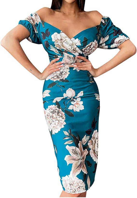 Off The Shoulder Wedding Guest Dresses for Women Sexy Wrap V Neck Puff Sleeve Floral Print Midi Bodycon Formal Dress