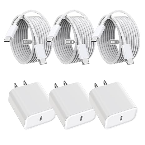 iPhone 16 15 Charger Fast Charging,3Pack 20W Fast Charging USB C Charger with 10Foot Long Type C to C Cable Cord TypeC Block Brick for iPhone 17/16e/16/16Pro/16 Plus/16 ProMax/15 Pro,iPad Air/Pro/Mini