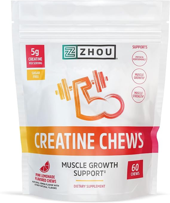 ZHOU Nutrition Creatine Monohydrate Chewables 5g for Men & Women, Sugar Free, Organic, Non GMO, Pink Lemonade, 60 Creatine Gummies | Creatine Monohydrate 5g Gummies for Men & Women, Pre Workout Supplement for Muscle Health