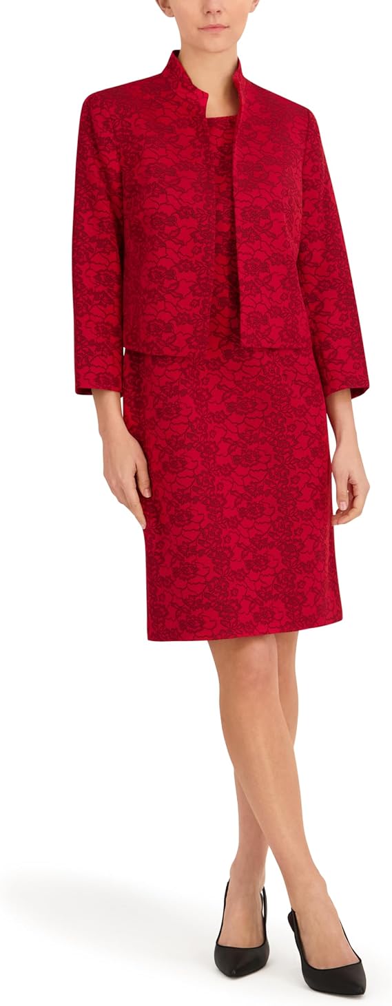 Le Suit Women's Jacquard Stand Collar Three Quarter Sleeve Jacket & Empire Seamed Dress