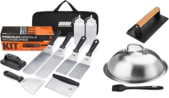 Flat Top Griddle Accessories Set for Blackstone and Camp Chef Griddle 9 Pieces Set & 12 Inch Heavy Duty Round Basting Cover Cheese Melting Dome with Cast Iron Burger Bacon Press & Basting Brush