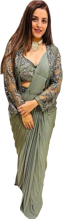 Indian Women's Embroidery Partywear Fancy Drep Style Sari with koti 12545