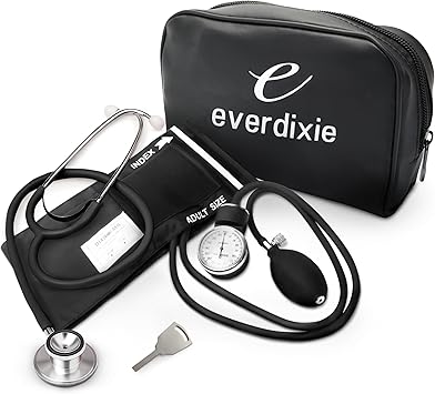 Dixie EMS Aneroid Sphygmomanometer and Dual Head Stethoscope Set with Adult Size Blood Pressure Cuff, Calibration Key and Carrying Case Black