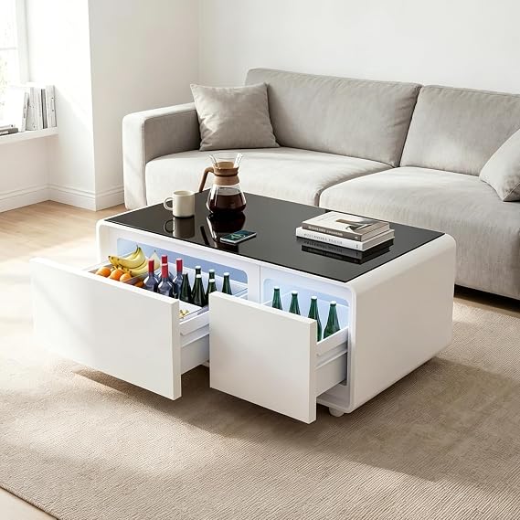 Smart Coffee Table with Fridge and Bluetooth, LT90-White