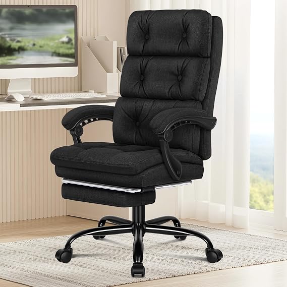 ELFORDSON Executive Office Chair with Dual Paddings for Home Office, Ergonomic PC Gaming Chair with Footrest Armrests, Comfy High Back 150° Reclining Computer Chairs, 180KG Loads, Fabric Linen, Black