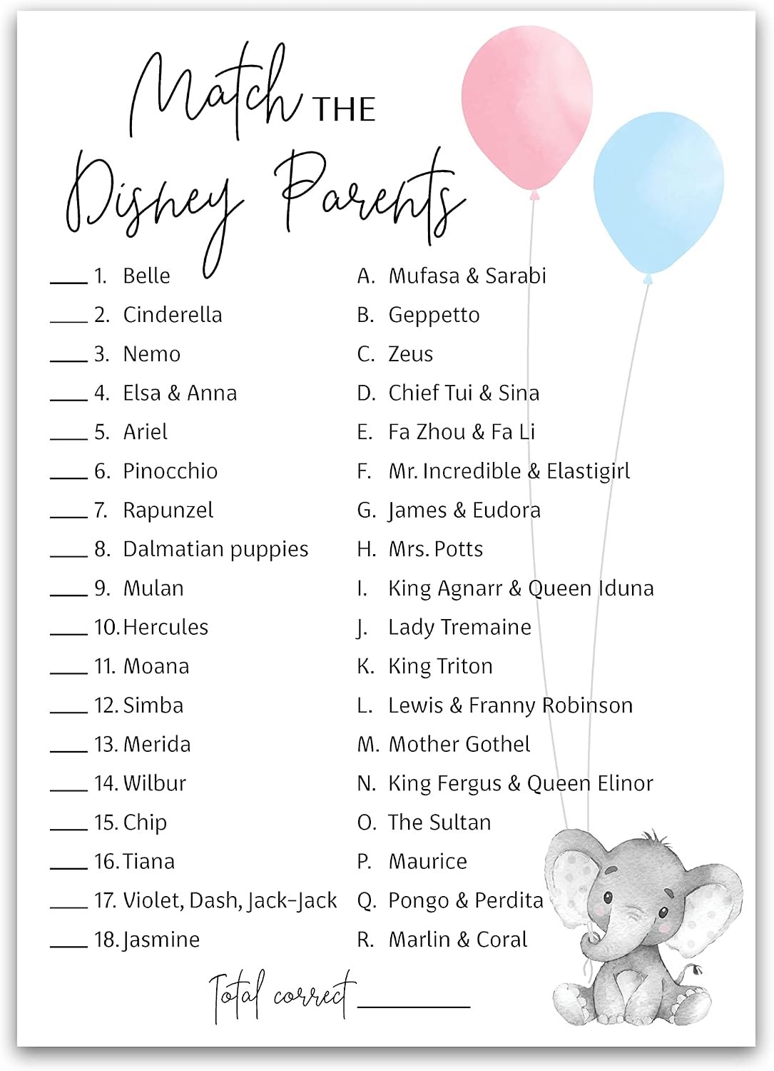 GENDER REVEAL Party Game — CARTOON PARENT MATCH Game — Pack of 25 — Elephant Pink or Blue Baby Shower Game, Match Famous Cartoon Parents Co-ed Fun Shower Activity, Star Kids Match Game G510-DPM