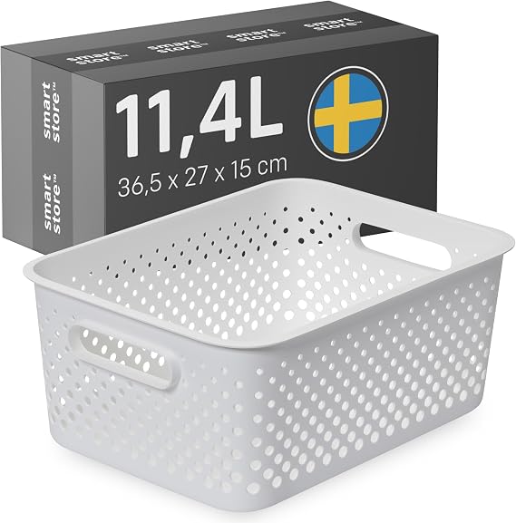 SmartStore Storage Basket with Handles in White 11.4L (36.5x27x15cm) | Plastic Storage Bin from Recycled Plastic | Essence L Storage Box fits A4 paper| Storage