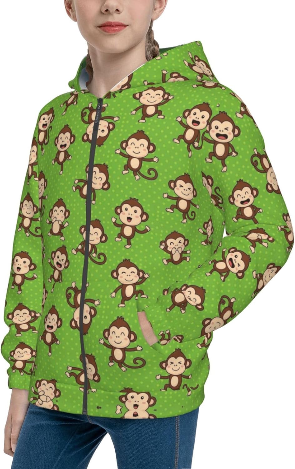 Hip Hop Zipper Hoodie Hooded Sweatshirt for Boys Girls Teens Junior, Long Sleeves Green Clever Monkey Hoodies Fitted 3D Print Sport Tops
