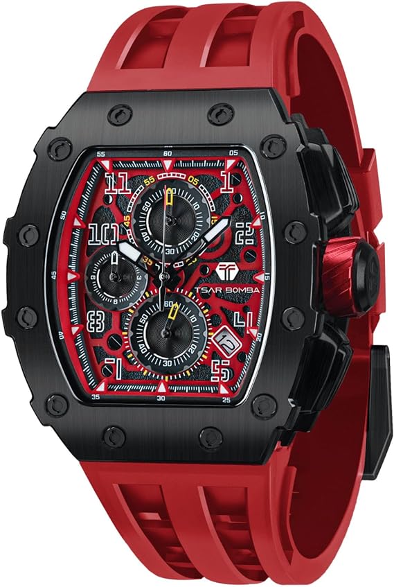 TSAR BOMBA Men's Watch Tonneau Design 50M Waterproof Chronograph Luxury Watches for Men with 316 Stainless Steel Case Square Sport Military Work Wristwatch with 22mm Watch Strap Stylish Men's Gift