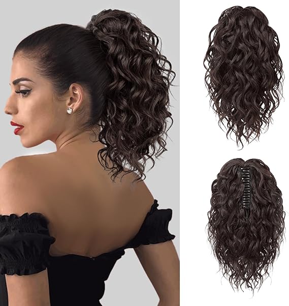 FLUFYMOOZ Ponytail Extension, 12" Short Claw Ponytail Extension Wavy Curly Jaw Clip in Pony tails Hair Extension Natural Synthetic Hairpiece for Women (Dark Chocolate Brown)