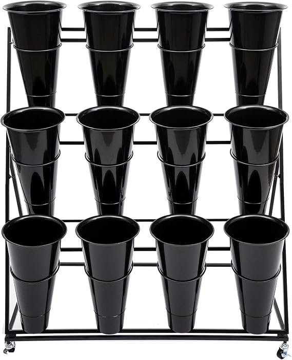 Flower Display Stand with 12 Buckets, Flower Container for Flower Bar, Heavy Duty Flower Cart for Florists, Balconies, Gardens, Flower Stores, Weddings, Black, 2 Packages