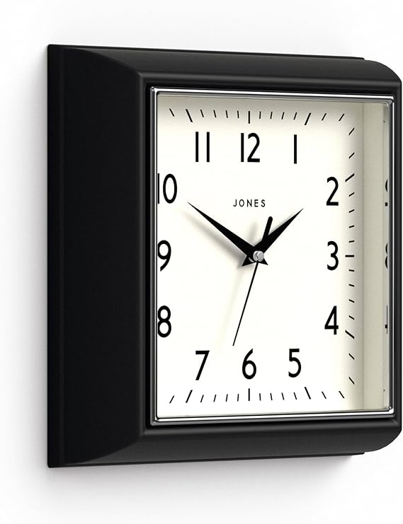 JONES CLOCKS Mustard wall Clock | Square Retro Clock | 10" | Black | Diner Style | Perfect for Kitchen, Living Room or Office