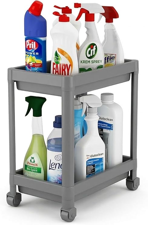 Orret Home 2 Katlı Tekerlekli Tezgah Altı Raf Organizer Düzenleyici Raf Ünitesi, Evye Altı Dolap İçi Düzenleyici, Mutfak Banyo Deterjanlık Şampuanlık Sebzelik,Taşınabilir Saklama Rafı (Gri)