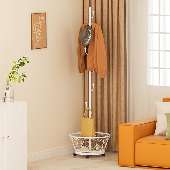 Coat Stand Freestanding Solid Clothes Stand Metal with Storage Basket 6 Hooks Wheels Easy Moving for Hallway Bedroom and Office White