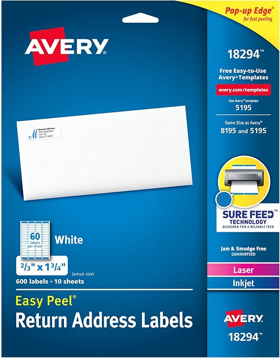 Avery Printable Return Address Labels, Sure Feed Technology, 2/3" x 1-3/4", White, Laser & Inkjet Compatible, 600 Blank Labels Total, Great for Mailing, Branding, and More (18294)