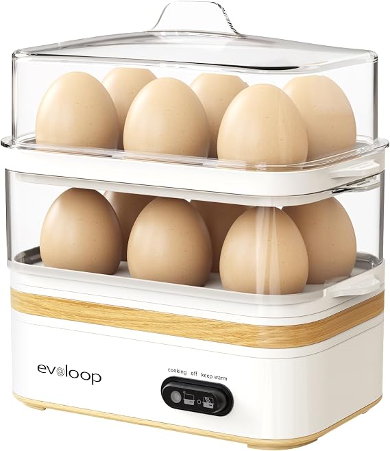 Evoloop Rapid Egg Cooker Electric 12 Eggs Capacity, Soft, Medium, Hard Boiled, Poached, Omelet Maker Egg Poacher & Vegetable Steamer, BPA Free Tray(white)