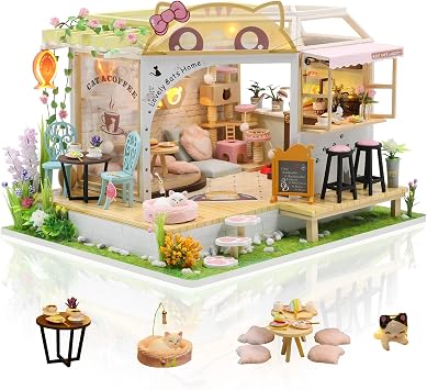 GuDoQi DIY Miniature Dollhouse Kit, Tiny House Kit with Music, 124 Scale, Handmade Crafts Gift for Christmas Day Birthday, Lovely Cats Coffee Shop