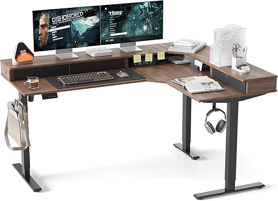CubiCubi L Shaped Standing Desk with Drawers 63 x 48 Inch Adjustable Height, Electric Corner Desk with Storage, Sit Stand Home Office Desk with Splice Board, Black Walnut