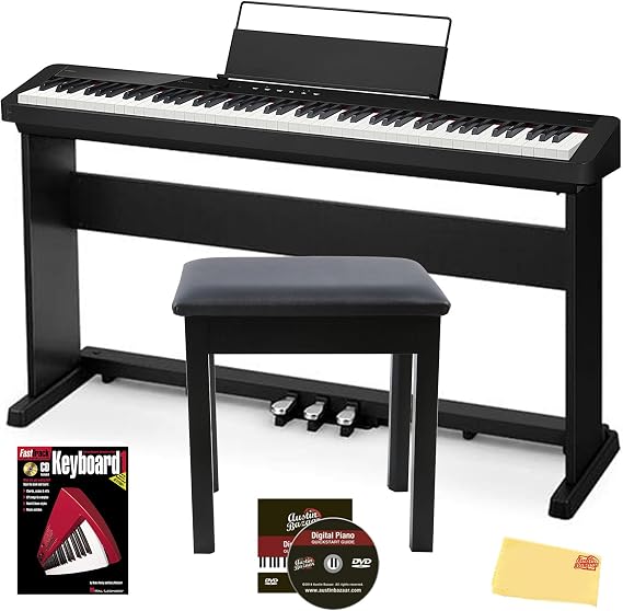 Casio CDP-S360 88-Key Compact Digital Piano - Black Bundle with Furniture Stand, CS-470P 3-Pedal System, Bench, Instructional Book, Online Lessons, Austin Bazaar Instructional DVD, and Polishing Cloth